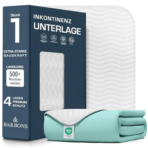 Barbons Waschbare Inkontinenzunterlage 75x90 cm - Wiederverwendbare Bettunterlage, optimaler Matratzenschutz mit atmungsaktivem Vierschicht Vlies-Material für gesunden Schlaf und zuverlässigen Nässeschutz.