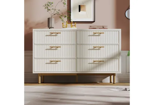 Fine Life Pro Sideboard mit 6 Schubladen, Weiß - Modernes Sideboard mit elegantem Design und goldenen Griffen. Sechs großzügige Schubladen bieten viel Stauraum für Kleidung und mehr. Robuste Konstruktion und verstellbares Bein sorgen für Stabilität und Anpassungsfähigkeit.
