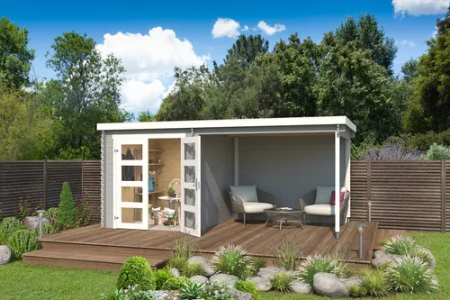 Gartenhaus Blockhaus Pultdach 28 mm Long Beach grau - Gartenhaus mit 10,47 m² Nutzfläche und abschließbarer Doppeltür. Ideal für die Aufbewahrung von Gartenutensilien oder als gemütlicher Freisitz.