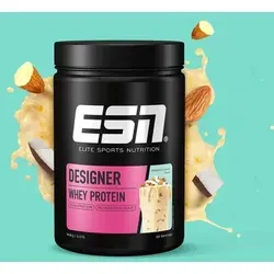ESN Designer Whey - 908g Dose Almond Coconut - Sportnahrung mit Whey Isolat und Konzentrat, bietet ein vollständiges Aminosäurenprofil und ist in der köstlichen Geschmacksrichtung Almond Coconut erhältlich.
