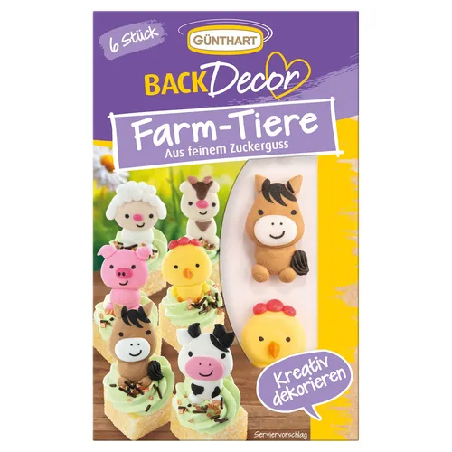 BackDecor 6 Stück essbare Farm Zuckerdekore als Schaf, Kuh, Schwein, Ziege, Pfer