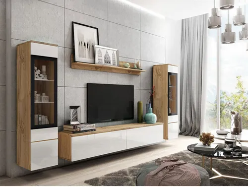 MIRJAN24 Wohnwand Vera II – Stilvolles Wohnzimmer-Set in Wotan/Weiß Hochglanz - Moderne Wohnwand Vera II mit TV-Lowboard und Vitrinen. Praktisch und elegant, ideal für jedes Wohnzimmer. Lieferung inklusive Montageanleitung für einfachen Selbstaufbau.