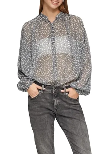 Q/S by s.Oliver Damen Bluse 2149904 - Grey 96A3, Größe 44 - Damenbluse mit Rundhalsausschnitt und Puffärmeln, ideal für lässige Anlässe und bequem im Loose Fit.