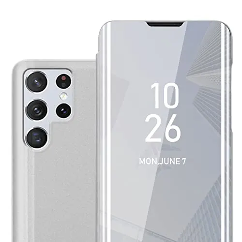 Cadorabo Hülle kompatibel mit Samsung Galaxy S22 Ultra Schutzhülle TPU Silikon Case 360 View Spiegel, Slim Kratzfest Weiche Gummi mit Rundumschutz Cover Hülle für Galaxy S22 Ultra in Silber