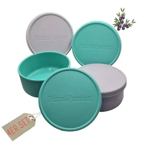 Pizza&Passion Pizzaballenbox mit Deckel - 4er Set Teigbox aus Silikon - Antihaft Silikon Pizzateig Box - Pizzateig - Gärbox, Pizza Box, Pizza Zubehör für Gärung, Lagerung