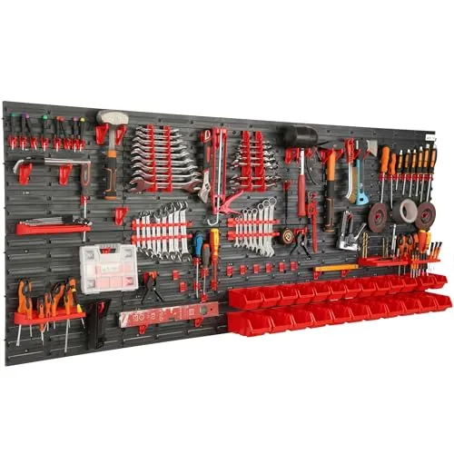 Werkzeugwand Wandregal mit 200x80cm Abmessungen Behälter 24 tlg. Set im Schwarz/Rot Werkzeughalter Werkstattregal aus Kunststoff Lagersystem Schüttenregal Extra Starke Regal Erweiterbar Lagerregal