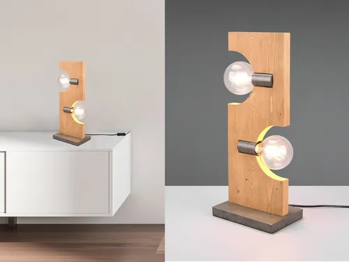 Große LED Tischleuchte 2 flammig mit Holzbrett natur - Klassische Tischleuchte mit 2 E27 Fassungen, dimmbaren Filament LED Leuchtmitteln und drei Helligkeitsstufen. Ideal für stimmungsvolle Beleuchtung im Wohnzimmer, Schlafzimmer oder Flur.