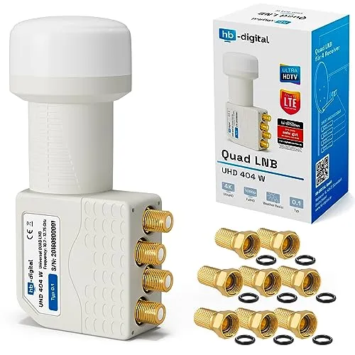 hb-digital Quad LNB - Test SEHR GUT* - für 4 Teilnehmer LTE Filter 4-Fach Full HD 4K 0.1dB mit Wetterschutz + 4X F-Stecker für TV Fernseher SAT Receiver Satellitenschüssel - Weiss