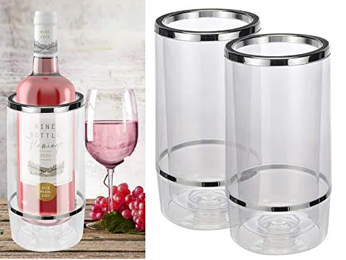 2x Flaschenkühler Weinkühler aus Kunststoff mit Edelstahl Umrandung 12x12x23cm - Getränkekühler kippsicher bruchfest - Doppelwandige Vakuumisolierung für bessere Kühlung (Transparent, 2 Stück)