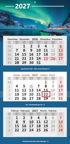 Bildkalender 3-Monatskalender 2027 Kombi Bürokalender (Polarlicht) | Wandkalender mit Panorama Bild