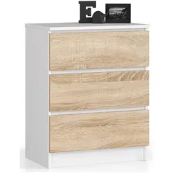 Kommode K60 mit 3 Schubladen - Weiß Sonoma - Praktische Schubladenkommode für Wohnzimmer oder Schlafzimmer. Die geräumigen Schubladen und die robuste Verarbeitung bieten viel Stauraum und passen ideal in schmale Räume.