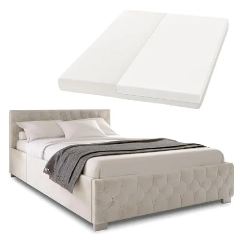 Juskys Polsterbett Nizza 180x200 cm mit LED Licht und Stauraum - Bequemes Samtpolsterbett mit integrierter LED-Beleuchtung und Stauraum, ideal für stilvolle Schlafzimmer und optimale Raumausnutzung.