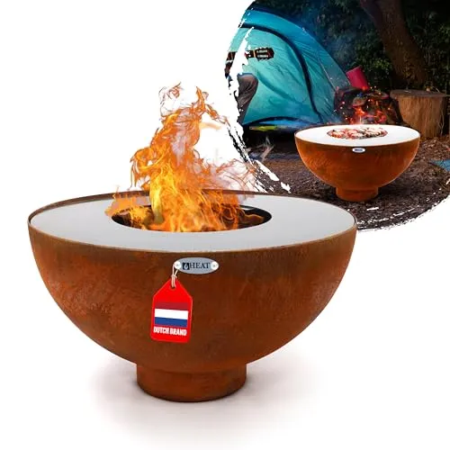 HEAT Gystad Feuerkorb mit Plancha Ø60 cm - Multifunktionaler Feuerkorb und Grill für Gartenpartys, ideal für leckere Grillsnacks und zum Aufwärmen, Ø60 cm, inklusive Grillplatte und Rost.