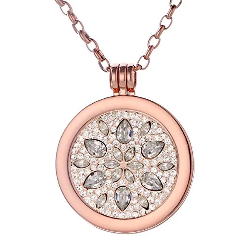 Morella Damen Halskette Rosegold 70 cm Edelstahl und Anhänger mit Coin Blüte Zirkonia Silber 33 mm im Schmuckbeutel
