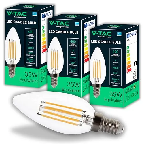 V-TAC 3x LED Glühbirne Kerze Filament E14 4W (Entspricht 35W) – Warmweiß 400 Lumen – 6er Pack – Maximale Effizienz – Filament Deko – LED Glühlampen