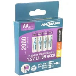 Ansmann Mignon AA 1,5V Lithium-Ionen Akkus mit USB-C Ladekabel - Batterien & Akkus – Wiederaufladbare Lithium-Ionen Akkus mit 1800mAh Kapazität, ideal für elektronische Geräte. Inkl. 4in1 USB-C Ladekabel für einfache Aufladung.