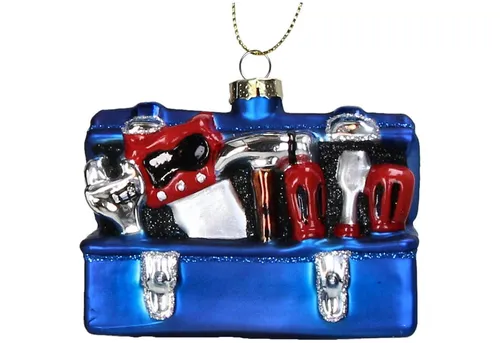 HD Collection Christbaumschmuck, Christbaumschmuck Glas 9,5cm Werkzeugkiste Figur Blau / Rot
