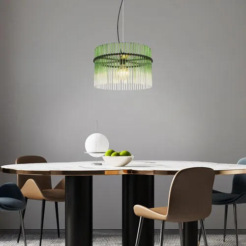 Pendellampe Glas grün klar - Elegante Hängelampe für Esstisch und Wohnzimmer - Moderne Pendelleuchte aus schwarzem Metall und grünen Glasstäben, die ein faszinierendes Lichtspiel erzeugt. Ideal für stilvolle Akzente in Wohnräumen und Essbereichen.
