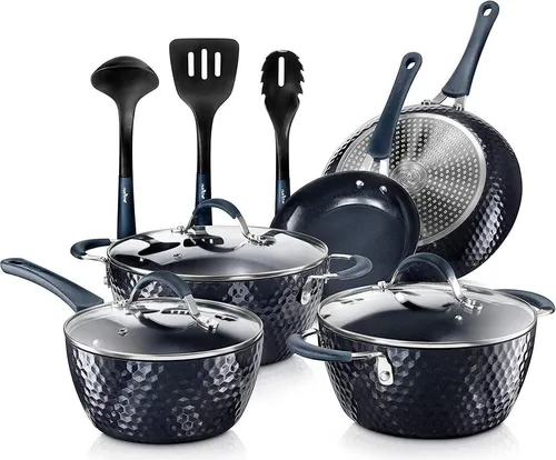 NutriChef 11-teiliges Pfannenset & Topfset – Antihaftbeschichtet - Topf- & Pfannensets mit langlebiger Antihaftbeschichtung für müheloses Kochen und Reinigung. Ergonomische Griffe und durchsichtige Glasdeckel sorgen für Komfort und Kontrolle beim Kochen.