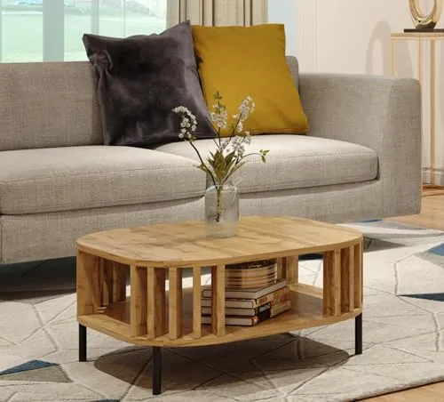 BDW Couchtisch WOTAN Eiche Lamellen - Modernes Beistelltisch mit Ablage - Beistelltische fürs Wohnzimmer: Stilvoller Couchtisch mit geräumiger Ablagefläche, ideal für ein aufgeräumtes Wohnzimmer. Robuste MDF-Laminatplatte sorgt für Langlebigkeit und einfache Reinigung.