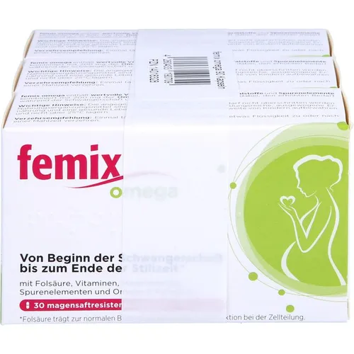 Femix Omega Magensaftresistente Weichkapseln - Arzneimittel für Schwangerschaft und Stillzeit, unterstützt den Nährstoffbedarf mit 11 Vitaminen und 8 Mineralstoffen sowie 220 mg DHA für Mutter und Kind.