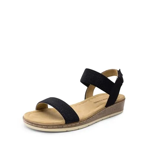 DREAM PAIRS Bequeme elegante Damen-Sandalen aus Kork mit niedrigem Keilabsatz süße Sommer flache Sandalen mit verstellbarem Knöchelriemen,Size 36.5,Schwarz,DWUMFS2525