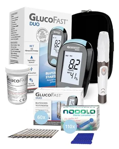 GLUCOFAST Duo Blutzuckermessgerät Bundle – inkl. 50 Teststreifen & 100 Lanzetten - Blutzuckermessgerät Bundle für präzise Diabeteskontrolle, inklusive 50 Teststreifen und 100 Lanzetten für eine einfache und hygienische Anwendung.