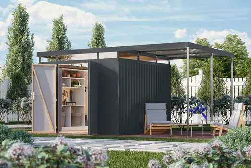 Karibu Gerätehaus Titanium 3,5 SET mit Anbaudach, BxT: 497x292 cm - Stabiles Metallhaus für den Garten – Robust und elegant. Genießen Sie eine langlebige Konstruktion mit einfacher Montage und optimalem Witterungsschutz. Ideal für die sichere Lagerung Ihrer Gartengeräte.