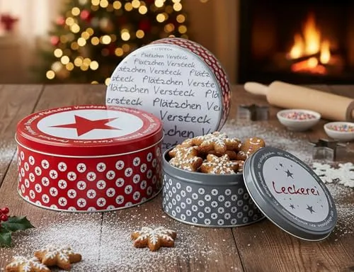 KAMACA 3 er SET Keksdosen Plätzchendose aus Metall mit Deckel rund praktisch Winter Advent Weihnachten für Plätzchen Kekse Gebäck langlebige Aufbewahrung (3er Set Gebäckdose Plätzchenversteck)