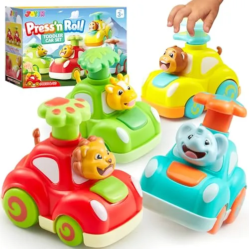 JOYIN Spielzeugautos ab 3 Jahre Jungen, Rückziehautos, Press & Go Tier-Babyauto Set (Elefant, AFFE, Giraffe, Löwe) Geschenke für 3 Jahre Jungen, Baby Spielzeug