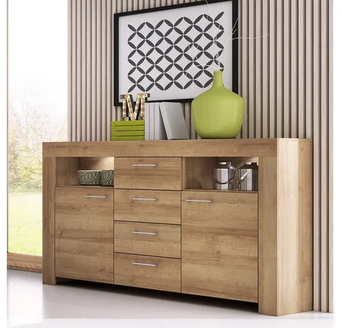Lomadox Wohnzimmer Sideboard 155 cm in Eiche mit LED-Beleuchtung