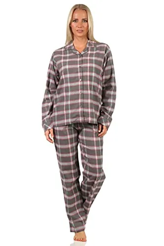 Creative by Normann Damen Flanell Pyjama - Kariert, Knopfleiste, Größe 44-46 - Schlafanzüge für Damen: Kuschelig weicher Flanell für kalte Nächte, ideal als Homewear. 100% Baumwolle, schadstofffrei zertifiziert, mit klassischem Hemdkragen und optimaler Passform.