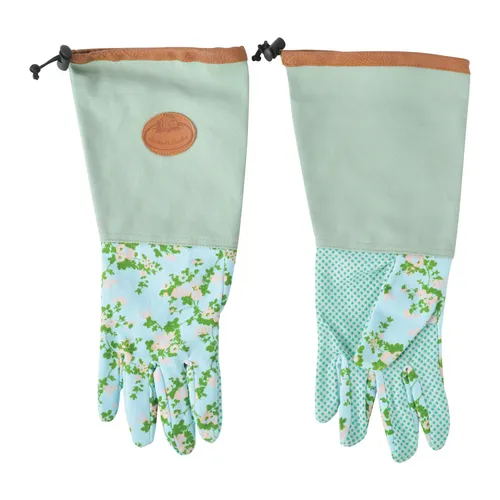 Esschert Design Jute Handschuhe mit Rosendruck - 18 x 1,2 x 37 cm, mit Unterarmschutz und Noppen für optimale Griffigkeit bei Gartenarbeiten