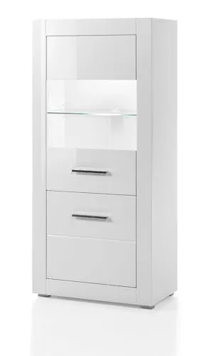 Furn.Design Vitrine in Weiß Hochglanz - Hochwertige Glasvitrine 65x142 cm, ideal für Wohn- und Esszimmer, mit eleganten Hochglanz-Fronten und verchromten Griffen für stilvolle Akzente.