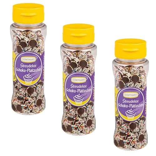 Günthart BackDecor 3 x Streudekor Schokoplätzchen mit bunten Nonpareilles, in der praktischen 95g Dose, 3er Pack (285 gr)