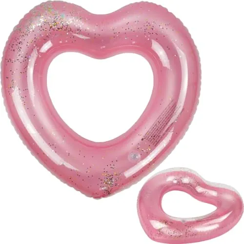 Martom AUFBLASBARES HERZRAD ROSA MIT SCHWIMMENDEN Pailletten, Herzförmiger Schwimmring, aufblasbare Schwimmringe, Luftmatratze, Schwimmreifen, Sommer, Wasserspielzeug