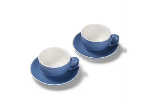 Tasse 2er Milchkaffeetassen-Set, Blau matt 350 ml mit Untertasse, Porzellan, spülmaschinenfest,extra dickwandig