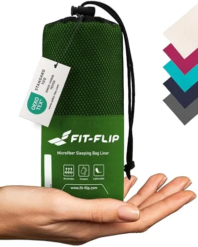 Fit-Flip Hüttenschlafsack Ultraleicht, Mikrofaser Schlafsack Inlay mit extra Kissenfach, Inlett Schlafsack seidig weich, Reiseschlafsack als auch Innenschlafsack, Moosgrün