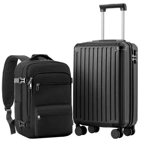 COOLIFE Handgepäck Koffer 55X35X20cm und Kabinen Rucksack 20L(40X25X20cm) Set für Ryanair Flugzeug Handgepäck Kabinengepäck Hartschlagenkoffer Reiserucksack Klein mit TSA-Schloss