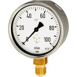 Riegler Kapselfedermanometer 0 - 25 mbar - Kapselfedermanometer mit Gehäuse aus CrNi-Stahl, radialem Anschluss und Nullpunktkorrektur für präzise Druckmessungen.