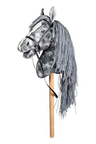 HKM Hobby Horse Beni – Steckenpferd Silbergrau mit Trense - Steckenpferd für Hobby Horsing, 40 cm Holzstiel, abnehmbare Trense und lange Mähne für realistischen Spielspaß im Dressur- und Parcoursreiten.