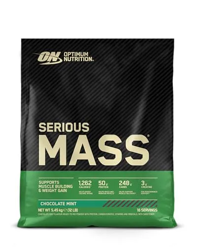 Optimum Nutrition Serious Mass Proteinpulver - Schoko-Minz-Geschmack - Hochkalorischer Mass Gainer mit über 1250 Kalorien und 50 g Protein pro Portion für effektiven Muskelaufbau und Regeneration, angereichert mit 25 Vitaminen und Mineralien.