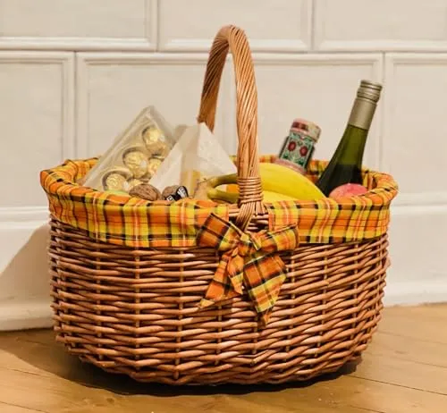 Dekoleidenschaft großer Einkaufskorb aus Weide mit karierter Textileinlage - Einkaufskorb