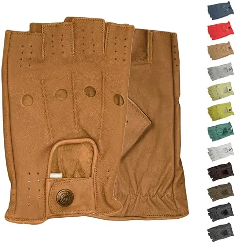 German Wear Halbfinger Lederhandschuhe für Autofahrer - Handschuhe aus weichem Lamm-Nappaleder im Retro-Look, ideal für stilvolle Autofahrer. Angenehmer Tragekomfort und praktische Druckknopf-Verschluss.