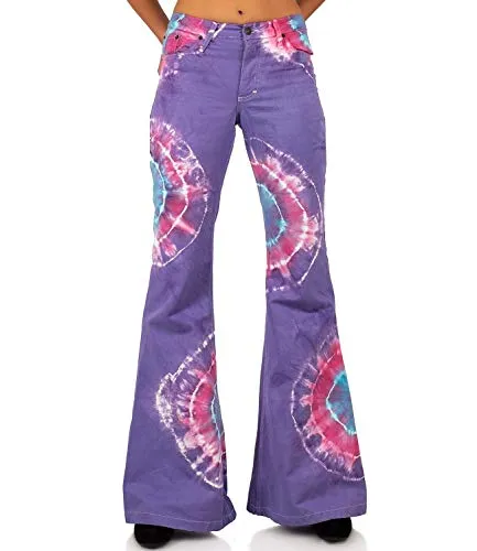 COMYCOM 70er Boho Batik Schlaghose Rainbow Lila Bunt 32/32 - Bunte 70er Jahre Boho Schlaghose im Batikdesign, ideal für einen lässigen Look. Perfekt für Festivals und Freizeitaktivitäten.