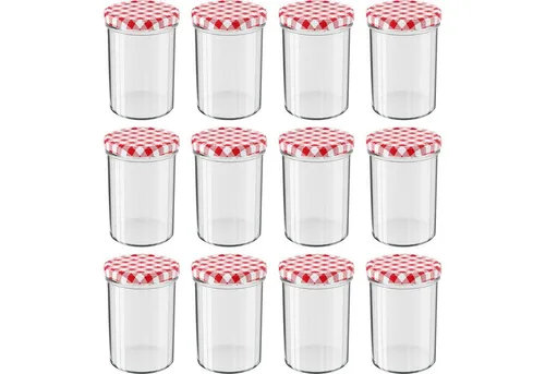 Wellgro Vorratsglas Einmachgläser Schraubdeckel rot kariert - 435 ml, (12-tlg)