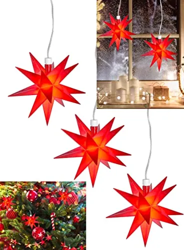 3x LED 3D Leuchtstern zum hängen - Ø12cm - Weihnachtsstern beleuchtet Fenster Deko Advent Stern - mit Batterie und Timer Rot