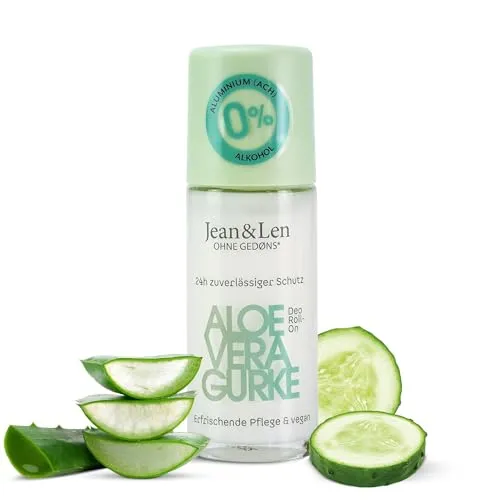 Jean & Len Deo Roll-On Aloe Vera Gurke, langanhaltende Frische, ideal auch nach der Rasur, praktische Reisegröße, Vitamin E, Gurkenextrakt & Aloe Vera, ohne Aluminiumsalze & Alkohol, vegan, 50 ml