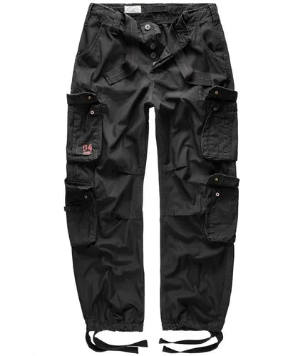 Surplus Raw Vintage Airborne Herren Cargo Hose, schwarz, M - Wanderhose aus strapazierfähiger Baumwolle mit viel Stauraum. Ideal für Outdoor-Enthusiasten, mit weitenregulierbaren Taillengurten und Tunnelzügen für optimalen Komfort.