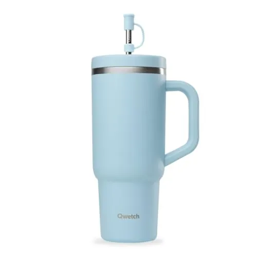 QWETCH Travel Cup – Thermobecher 900ml mit Strohhalm & Henkel – 48h Eisgekühlt / 12h Kalt – Isolierbecher aus recyceltem Edelstahl – Auslaufsicherer Schraubdeckel – Quencher Style – Schwarz